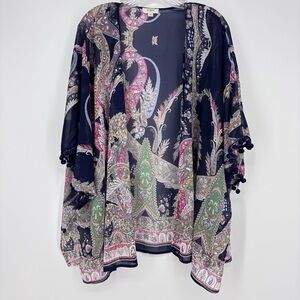 Umgee Kimono Size S/M Floral Bohemian Short Semi Sheer Blue Pink Ball Tassel